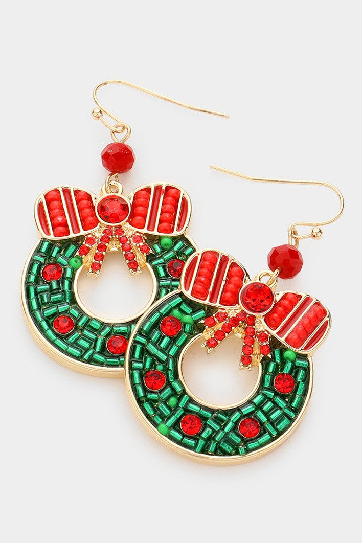 Stone Bead Christmas Wreath Dangle Earrings - Debs on 5th