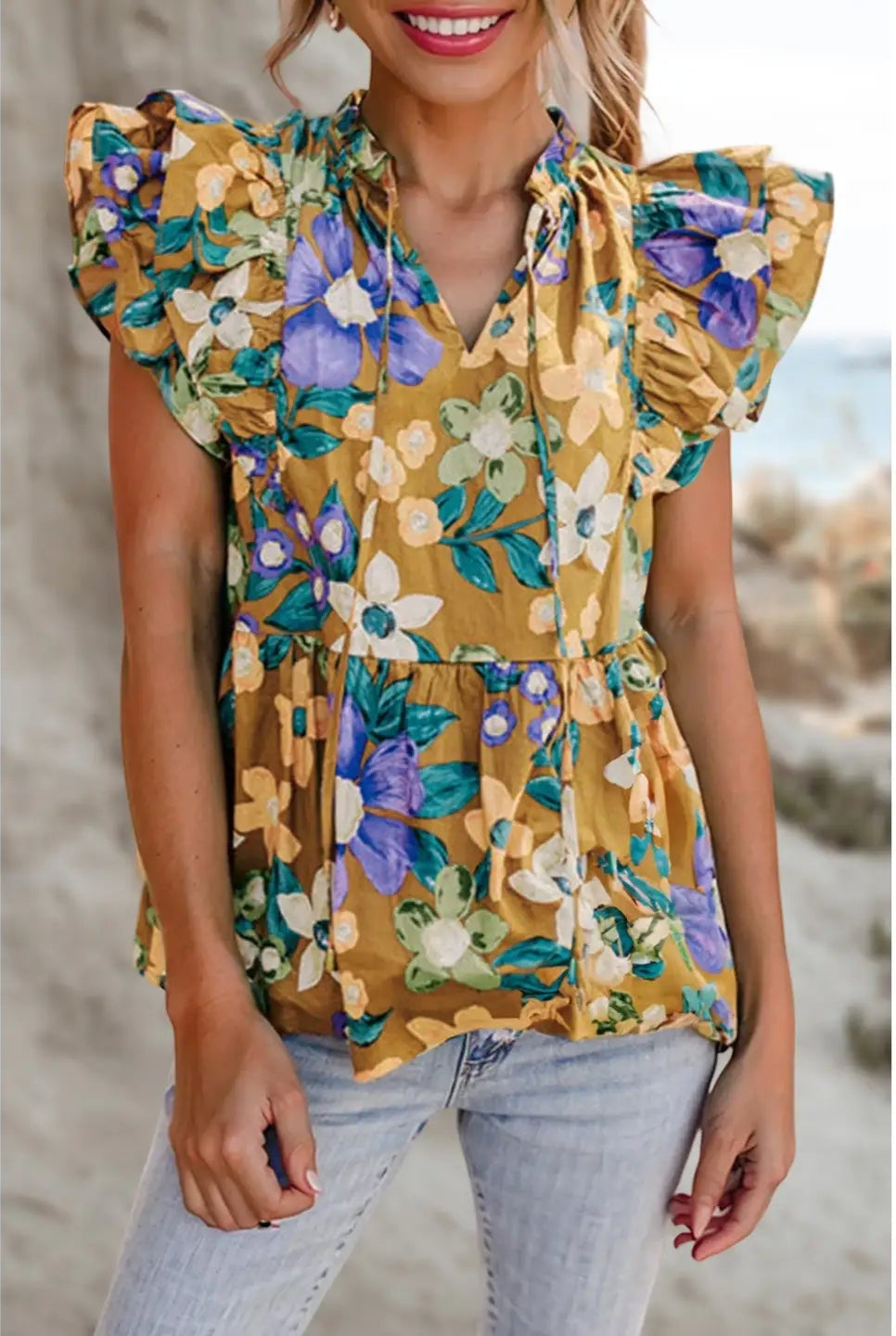 Floral Print Tiered Flutter Sleeve V Neck Top
