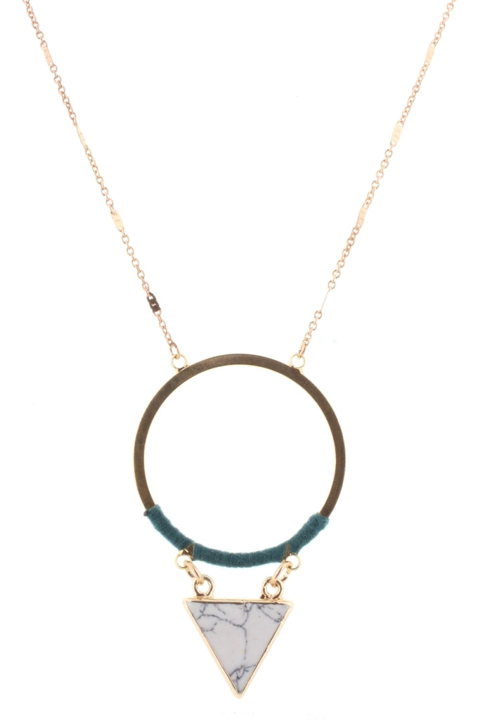 32" Gold Chain with Teal Wrapped Circle with Howlite Stone Triangle - Debs on 5th