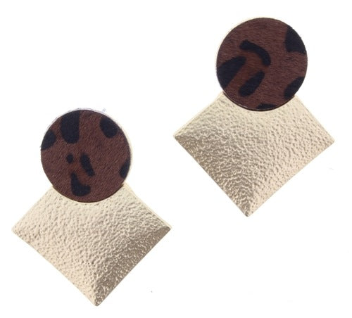 Brown Leopard Suede Circle Stud with Textured Gold Square - Debs on 5th