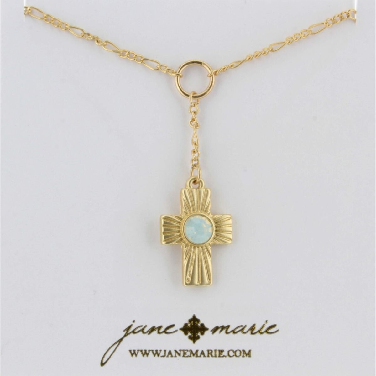 16" Gold Chain Lariat, Opal Center Czech on Cross Charm Necklace - Debs on 5th