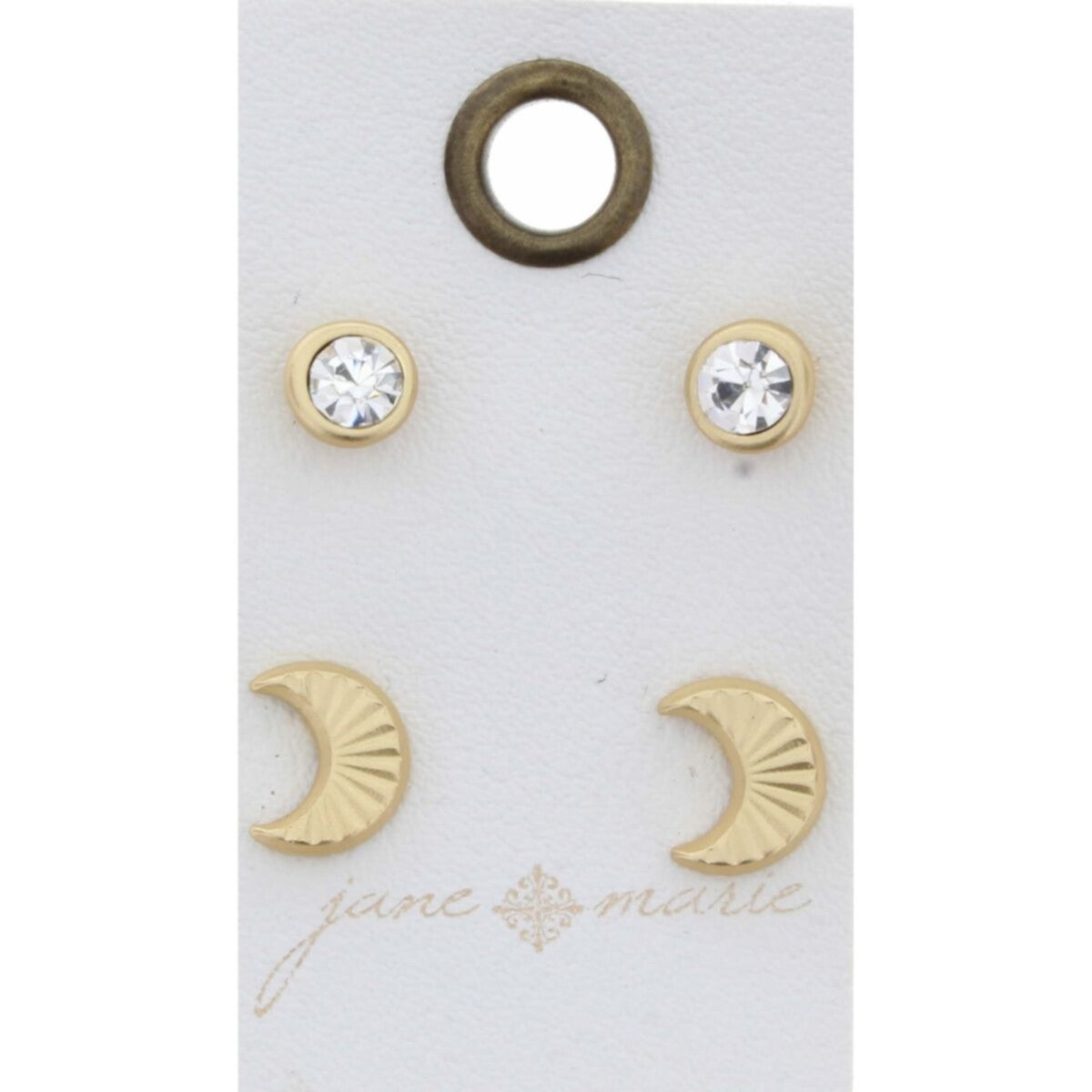 Clear Stone Circle, Gold Moon Stud Earring - Debs on 5th