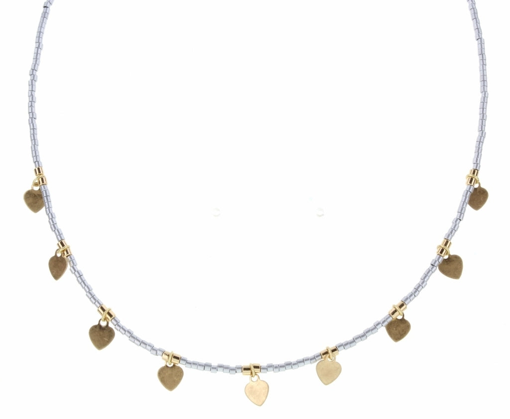 14" Grey Seed Bead with Multi Hearts Necklace - Debs on 5th