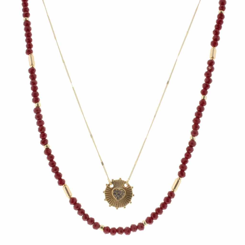 2 Layer Red Beaded, Gold Chain with Crystal Heart Circle Necklace - Debs on 5th