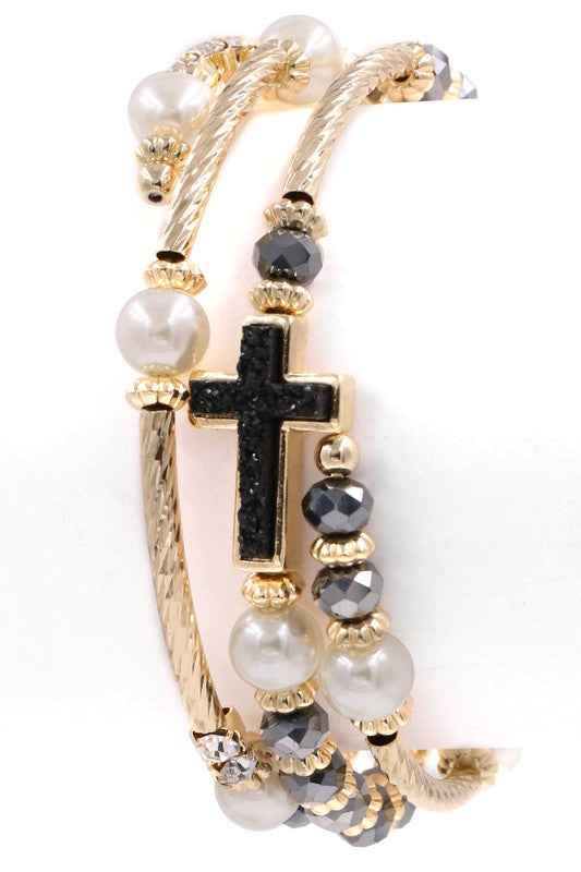 Cream Pearl/Cross Metal Coil Bracelet - Debs on 5th