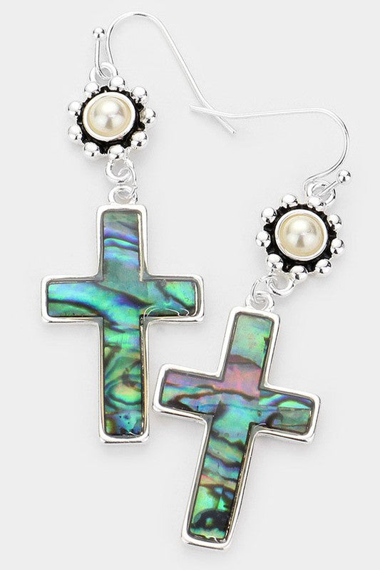 Pearl Abalone Cross Link Dangle Earrings - Debs on 5th