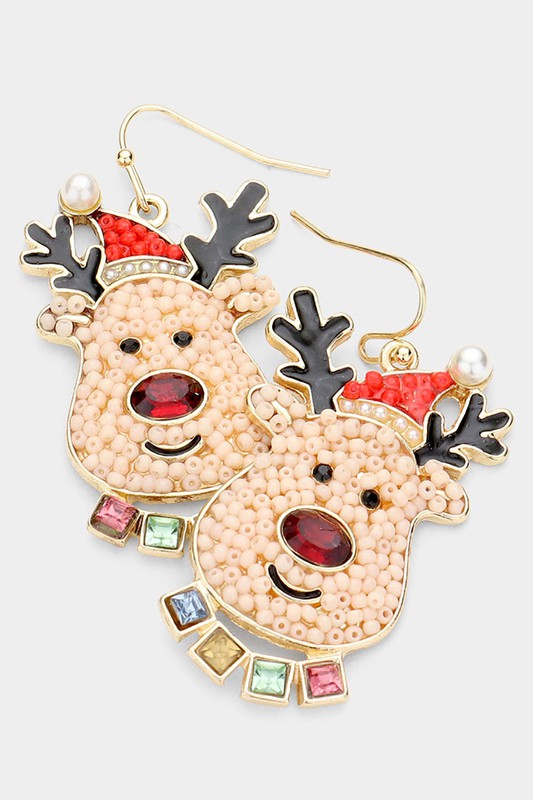 Stone Embellished Seed Beaded Rudolph Earrings - Debs on 5th