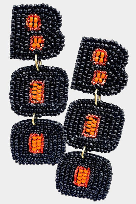 Felt Back Seed Beaded BOO Link Dangle Earrings - Debs on 5th