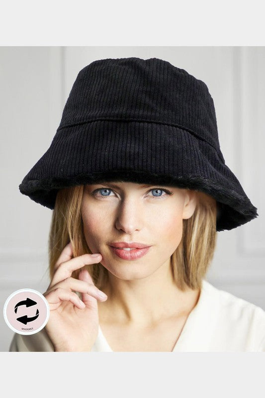 Reversible Corduroy Soft Faux Fur Bucket Hat - Debs on 5th