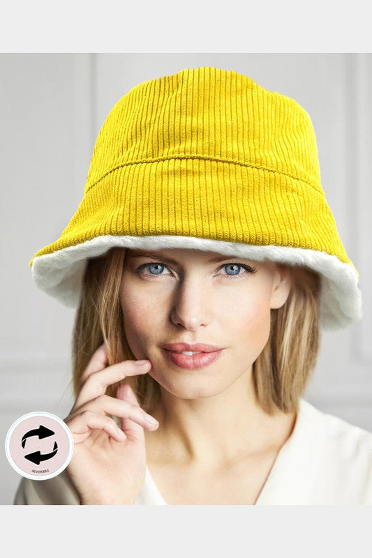 Reversible Corduroy Soft Faux Fur Bucket Hat - Debs on 5th