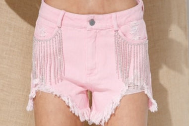 Frayed Rhinestone Denim Shorts - Debs on 5th