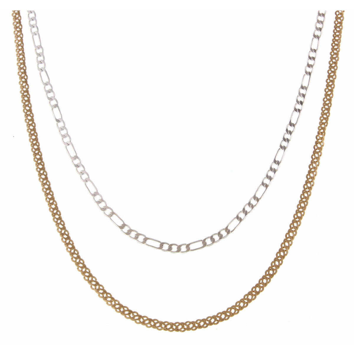 16", 18" 2 Layer Dainty 2-Tone Figaro and Double Pressed Curb Chain Necklace - Debs on 5th
