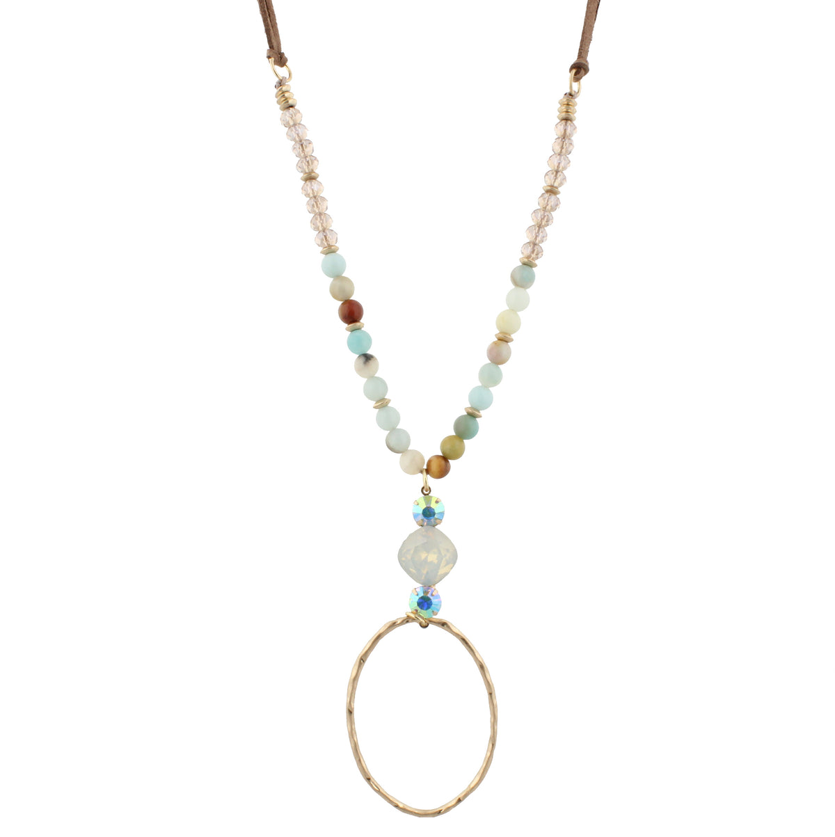 32" Adj. Grey Leather with Howlite Beaded Body & Pointed Oval - Debs on 5th