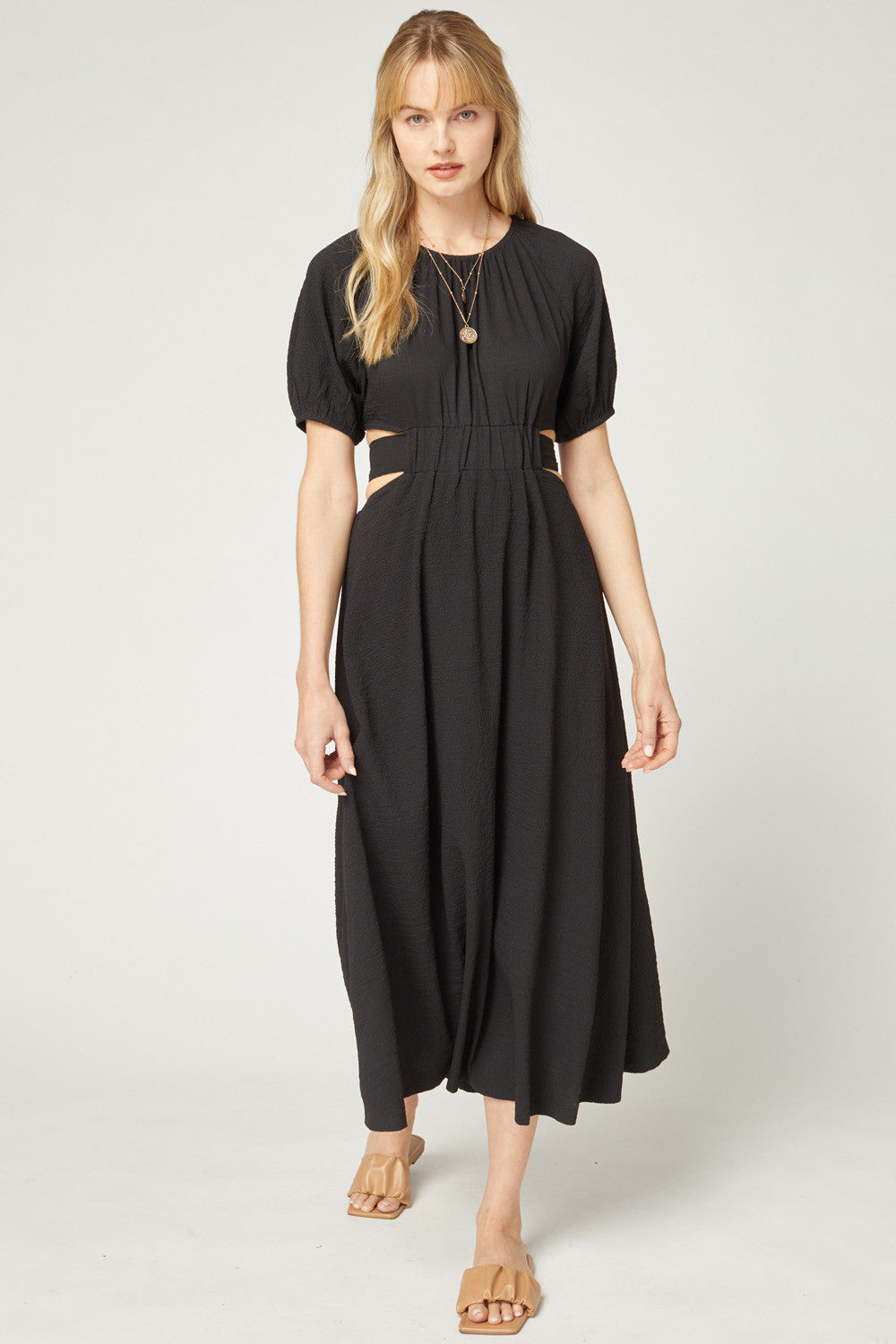 Solid Textured Puff Sleeve Midi Dress  Debs on 5th