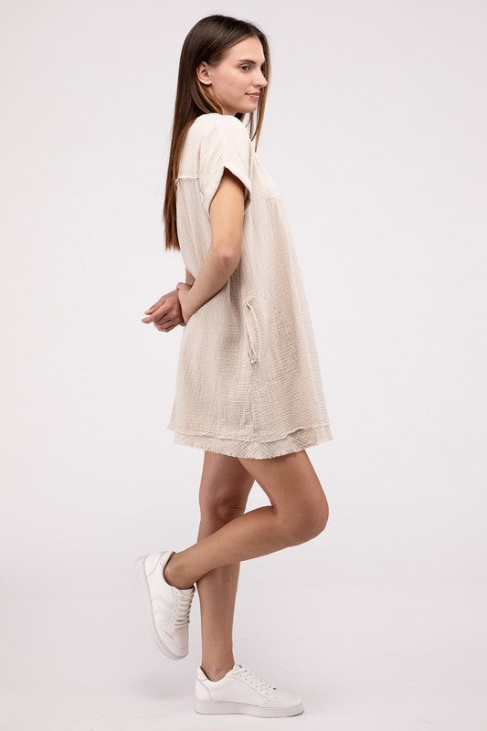 Gauze Rolled Short Sleeve Raw Edge V-Neck Dress