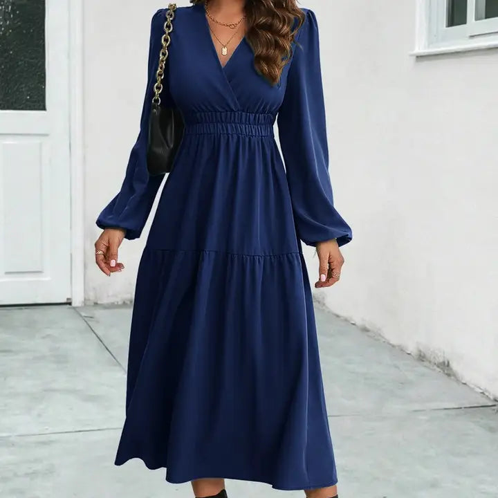 Women Elastic Waist V Neck Long Sleeve Maxi Dress