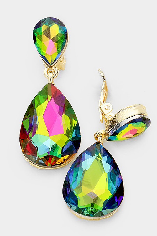 Crystal Double Teardrop Clip On Earrings