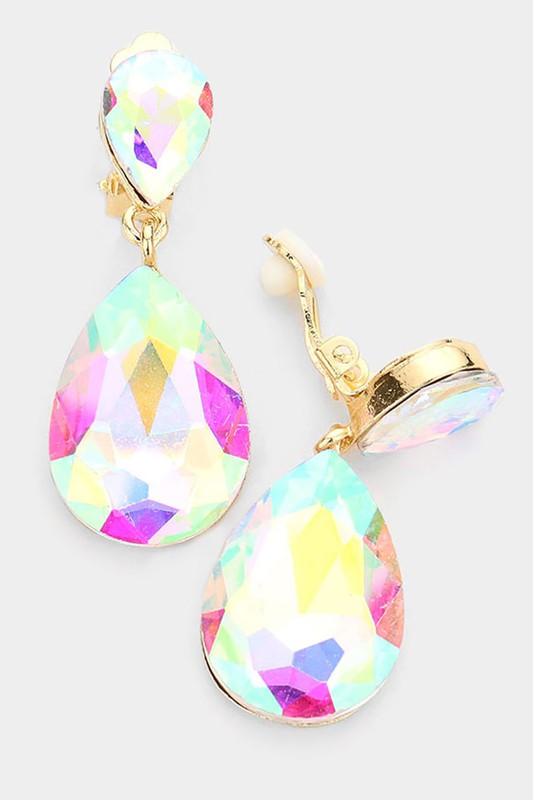 Crystal Double Teardrop Clip On Earrings