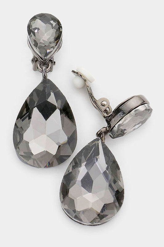 Crystal Double Teardrop Clip On Earrings