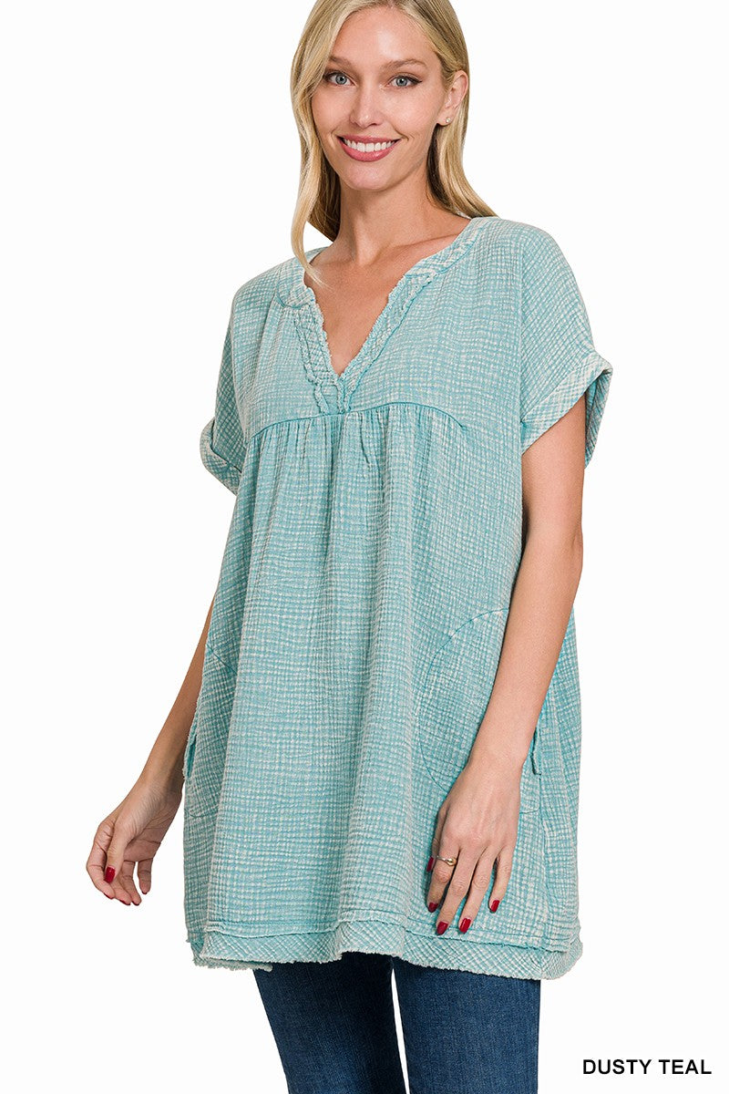 Washed Double Gauze V Neck Dress