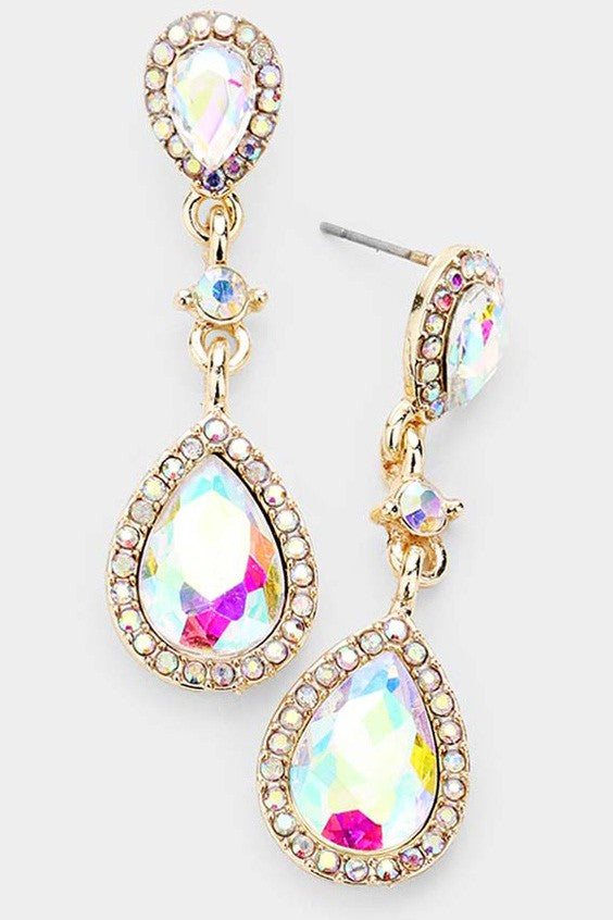 Pear Crystal Rhinestone Trim Drop Evening Earrings