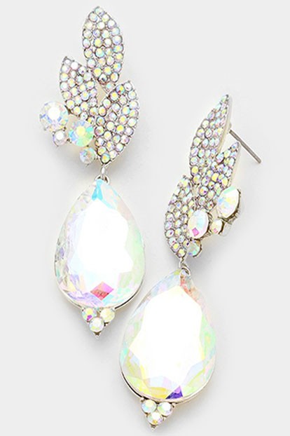 Crystal Rhinestone Pave Leaf Evening Earrings