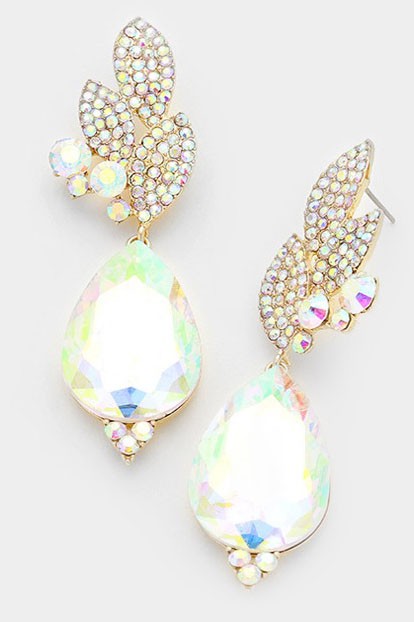 Crystal Rhinestone Pave Leaf Evening Earrings