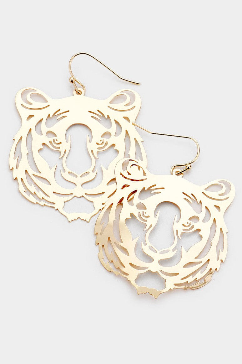Brass Metal Cut Out Tiger Dangle Earrings