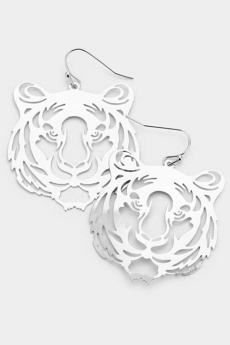 Brass Metal Cut Out Tiger Dangle Earrings