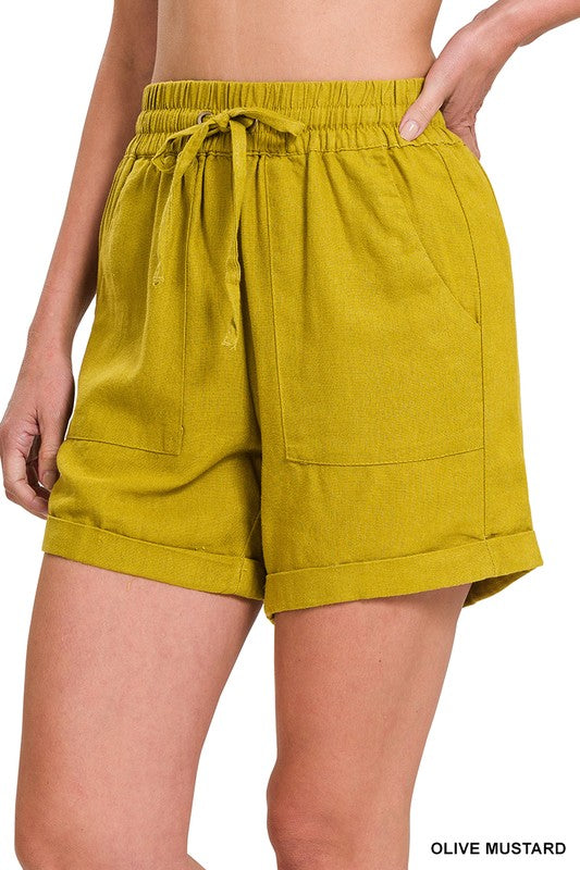 Shorts de lino con cordón en la cintura y bolsillos