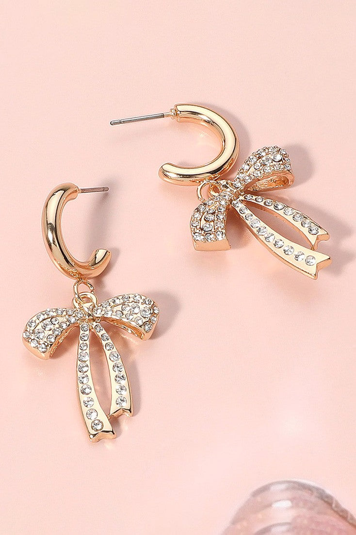 Stone Paved Metal Bow Dangle Mini Hoop Earrings