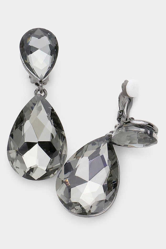 Glass Crystal Teardrop Clip on Evening Earrings