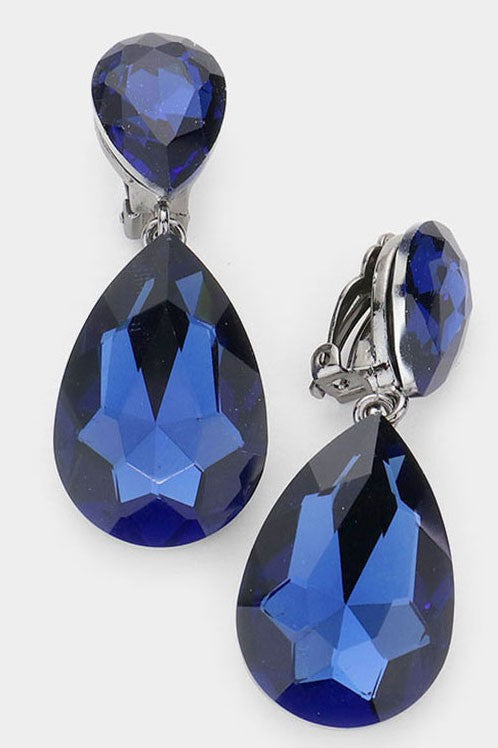 Glass Crystal Teardrop Clip on Evening Earrings