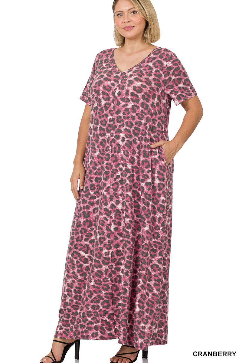 Vestido largo de manga corta con estampado de leopardo 