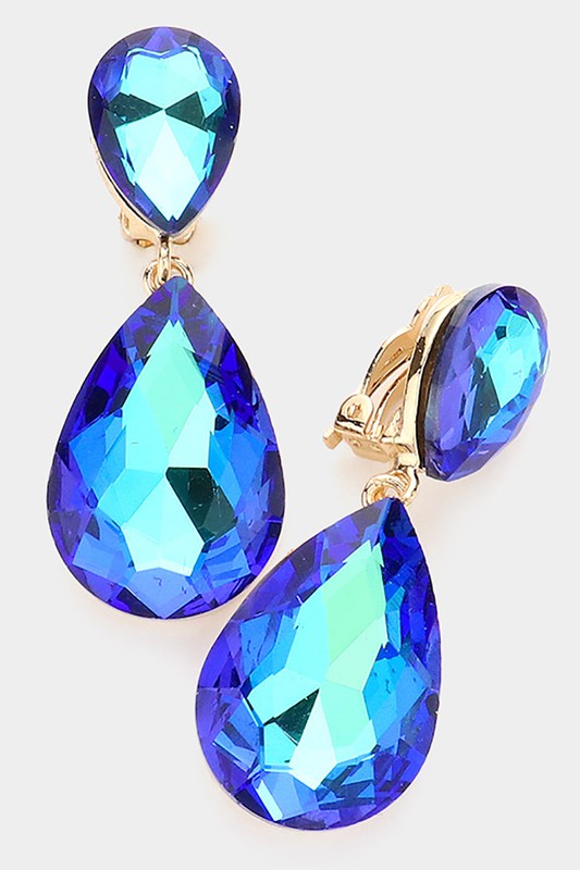 Glass Crystal Teardrop Clip on Evening Earrings