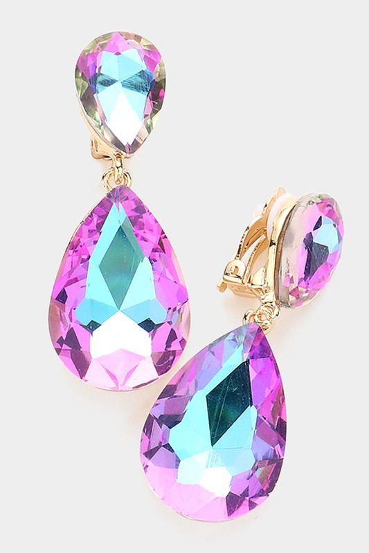 Glass Crystal Teardrop Clip on Evening Earrings