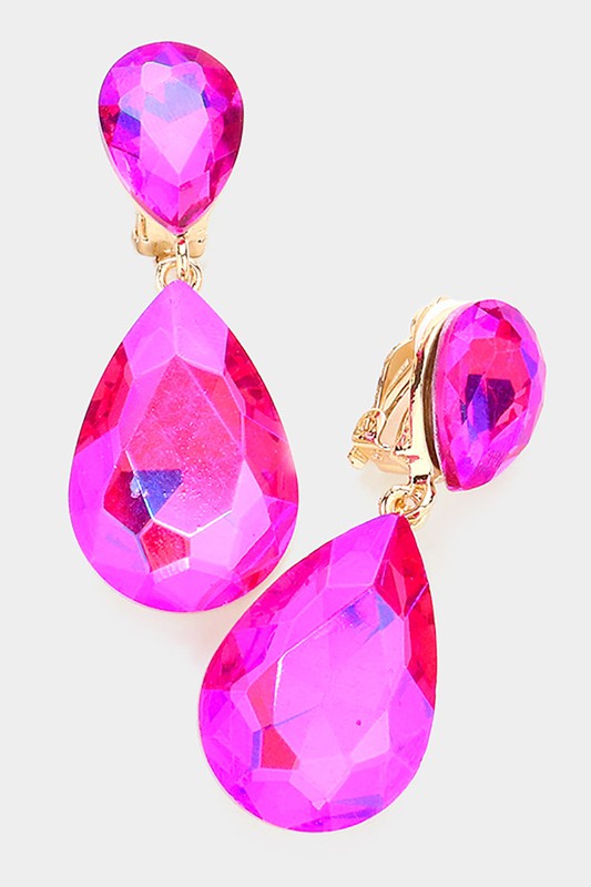 Glass Crystal Teardrop Clip on Evening Earrings