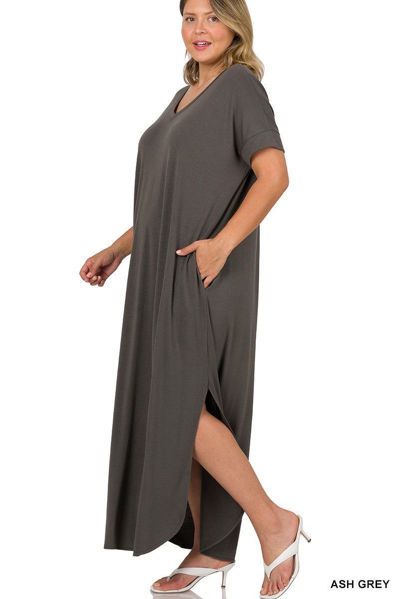 V Neck Short Sleeve Maxi Dress with Side Slits Plus