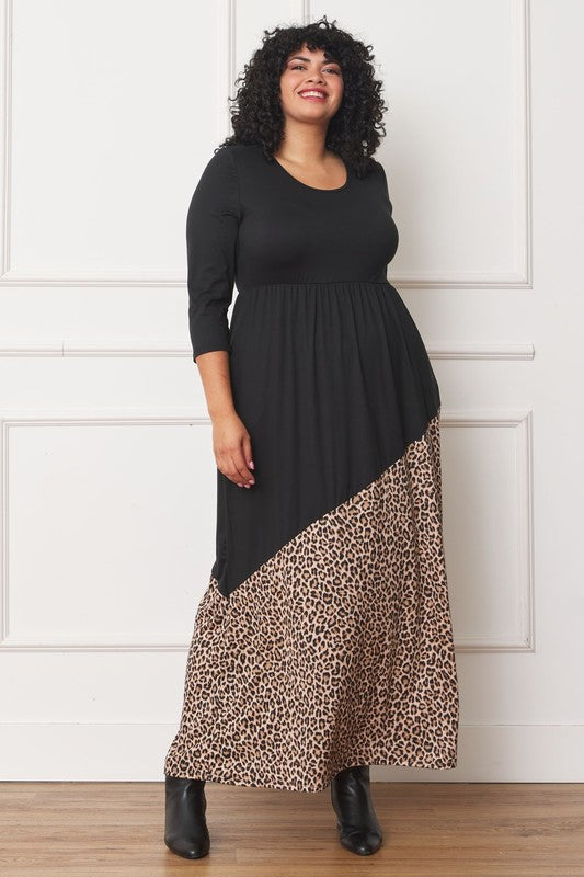 Asymmetrical Leopard Accent Maxi Dress Plus