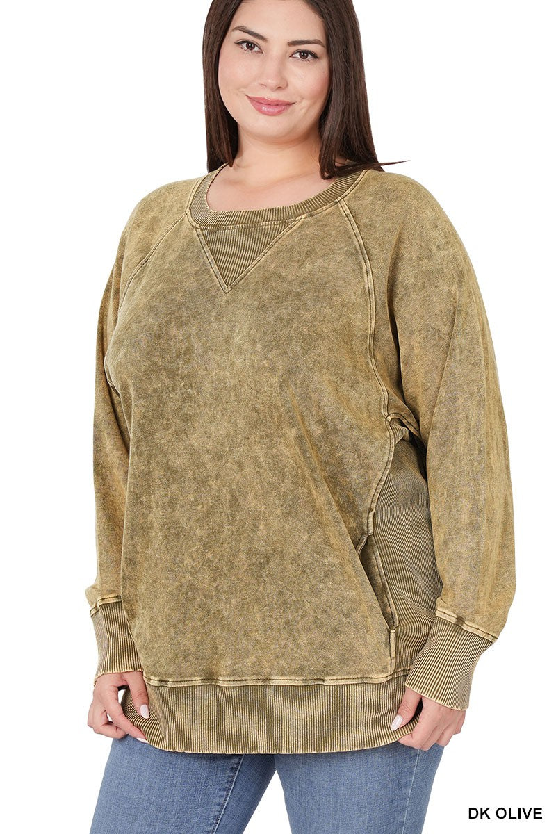 Acid Washed Round Neck Pullover Top