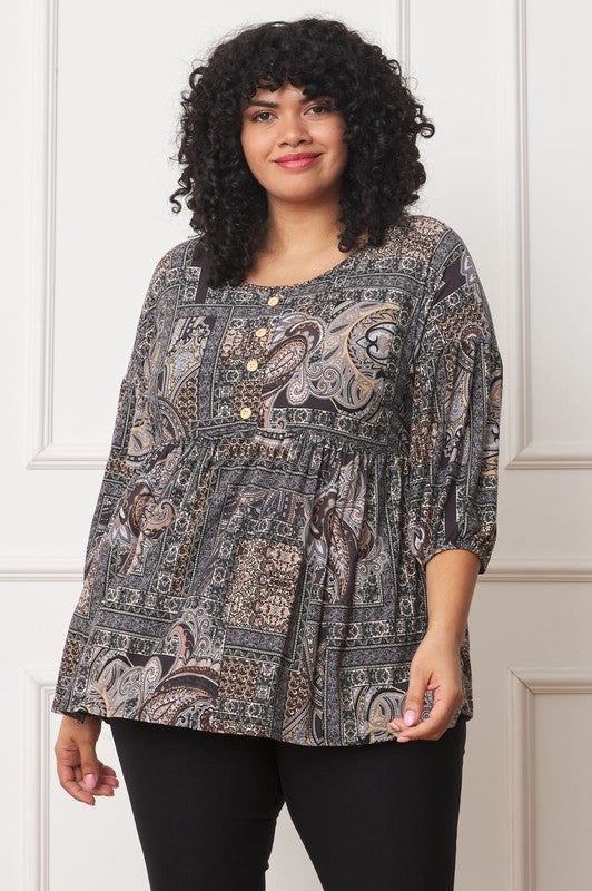 Plus Button Accent Paisley Top