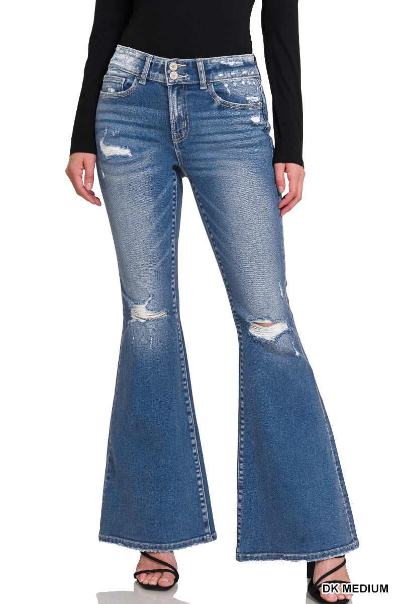 Mid Rise Super Flare w/Buttons Jeans