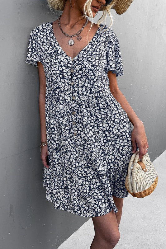 Floral Short Sleeve V Neck Midi Length Dress