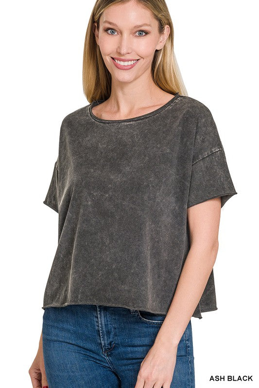 Acid Wash Raw Edge Short Sleeve Crop Top