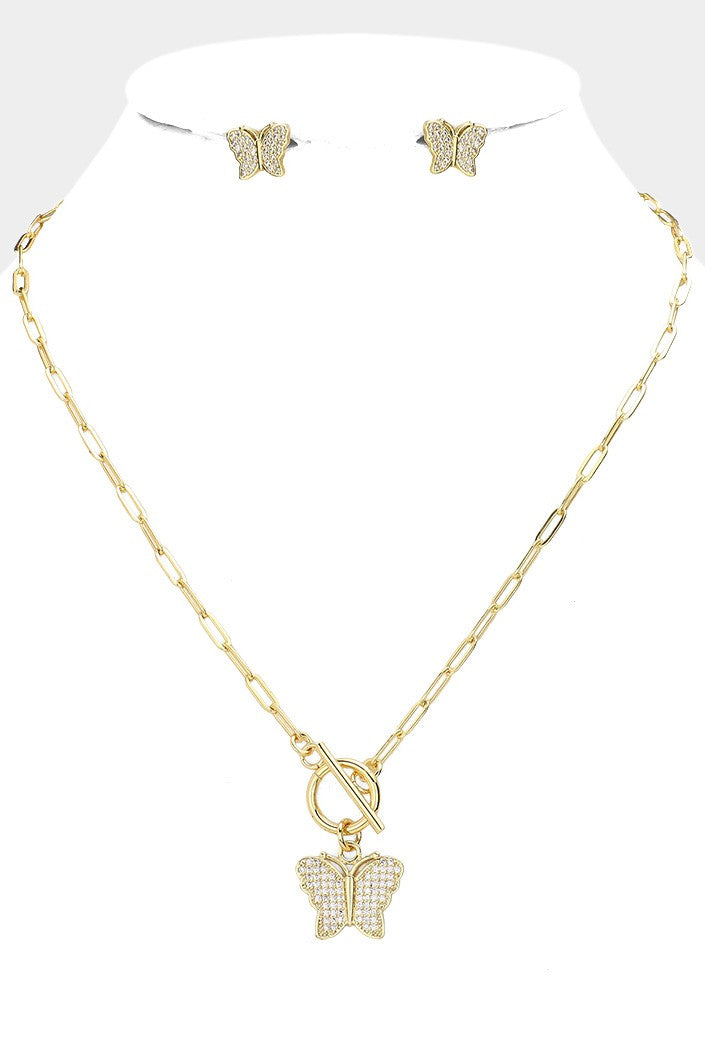 CZ Embellished Butterfly Pendant Toggle Necklace - Debs on 5th