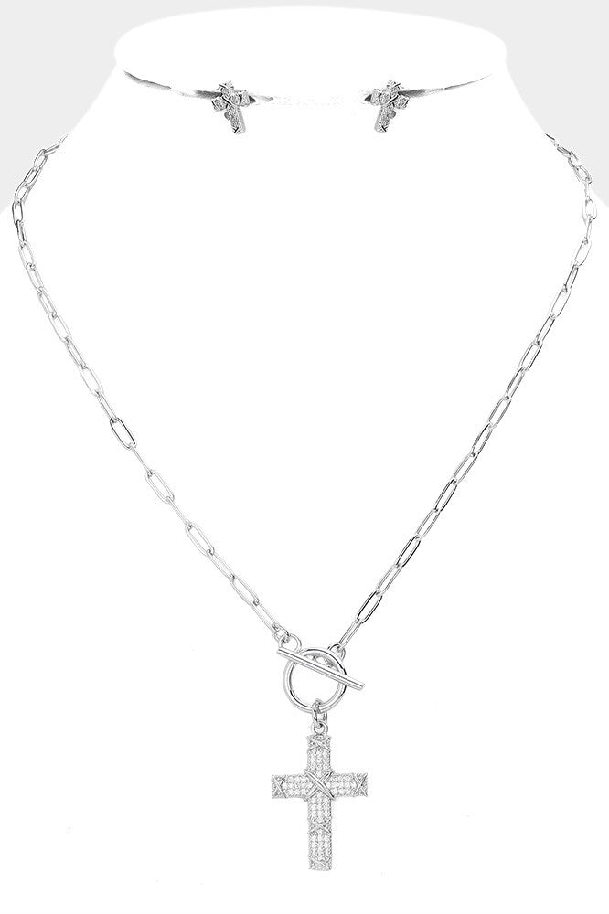 CZ Embellished Cross Pendant Toggle Necklace - Debs on 5th