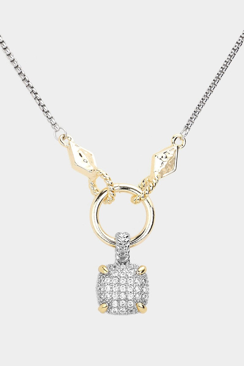 Gold Two Tone CZ Stone Paved Square Necklace