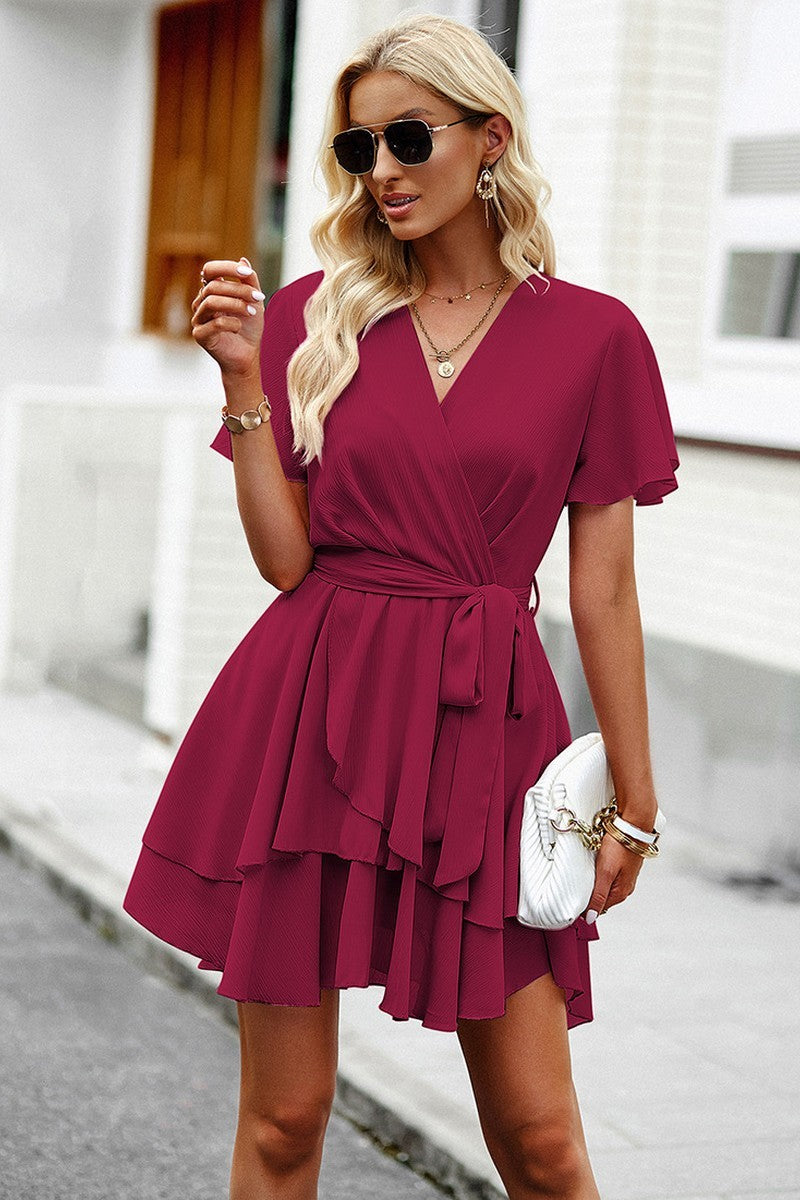 V-Neck Wrap Ruffle Sleeve Dress