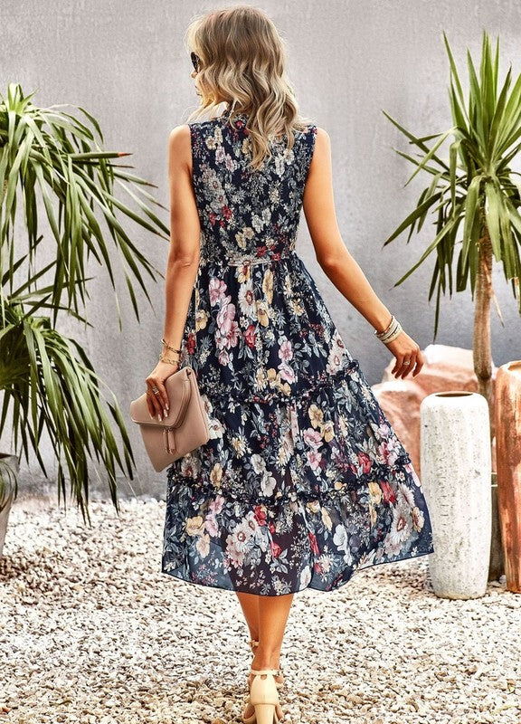 Ruffle Floral Flared Swing Casual Dress