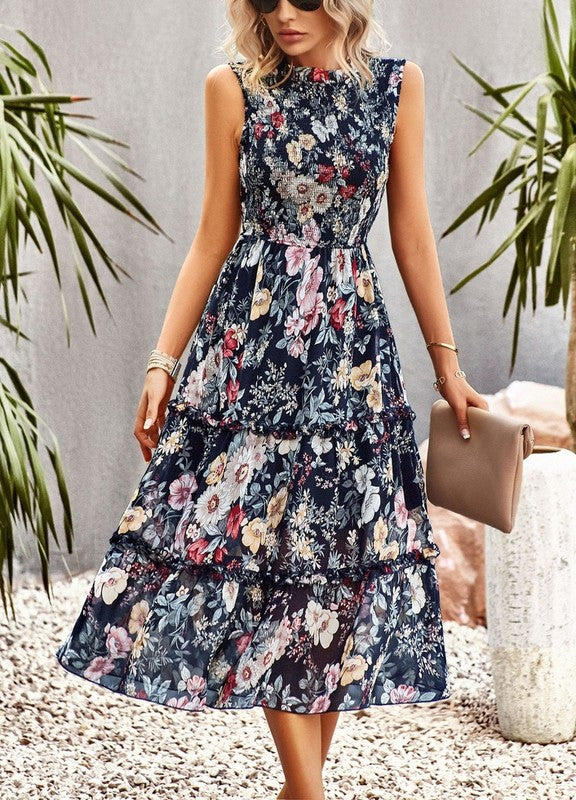 Ruffle Floral Flared Swing Casual Dress